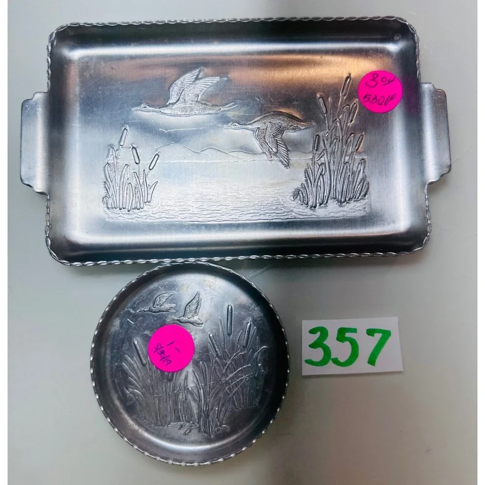 Vintage Hammered Aluminum Duck Trays and Coasters Set of 8 Wildlife Cabin Decor
